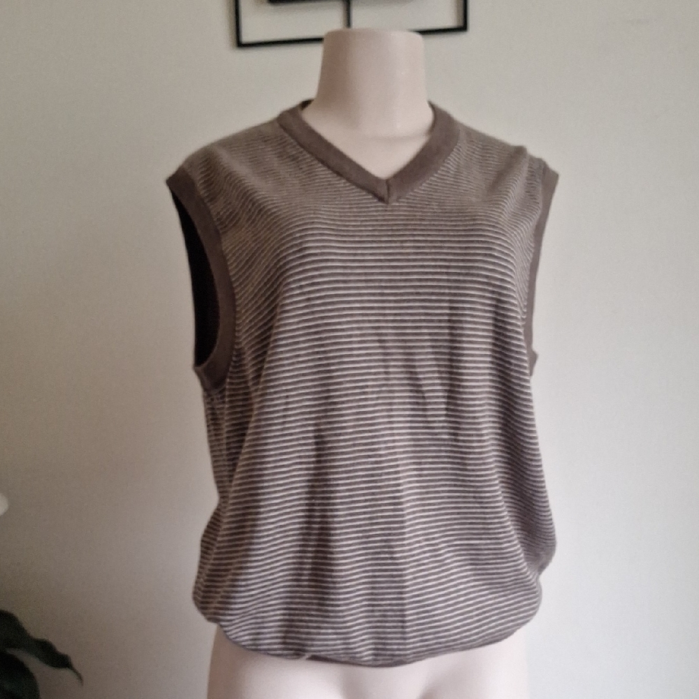 Ashworth V-Neck Brown Striped 100% Pima Cotton Knit Vest Size M
